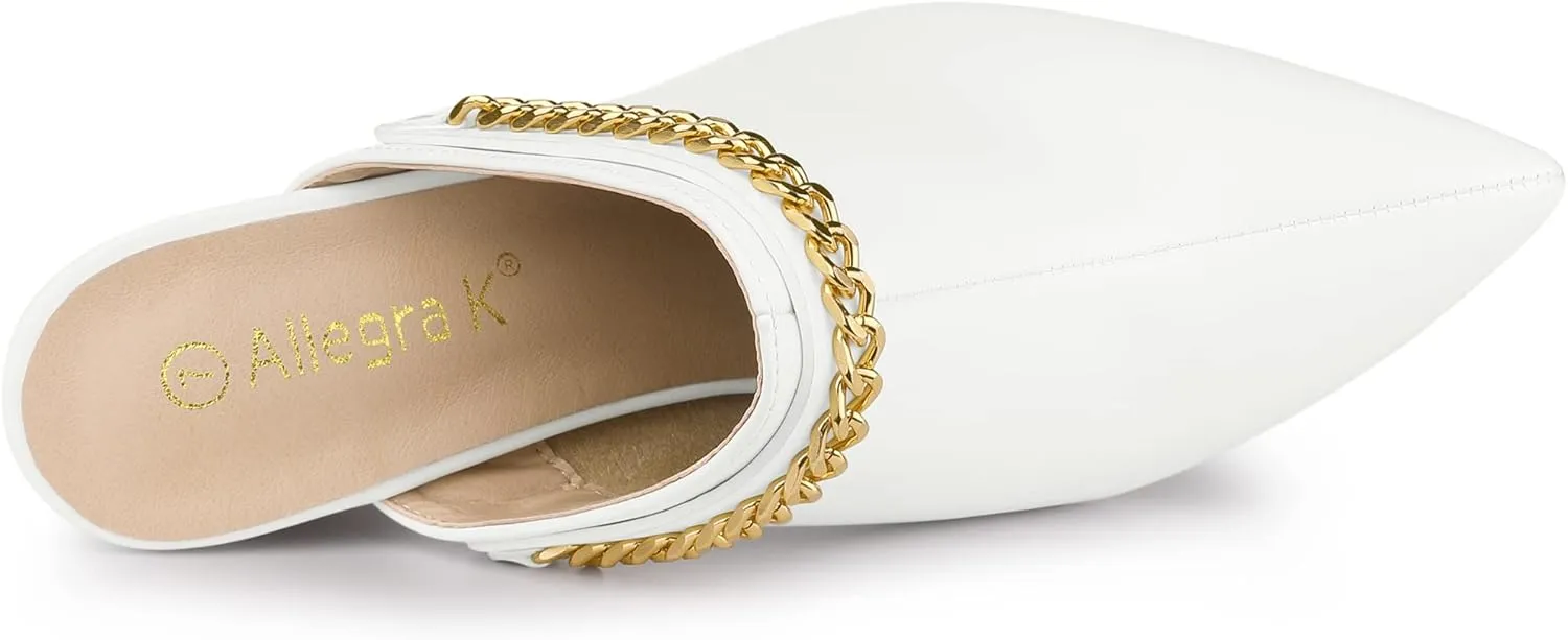 Allegra K Women's Chain Mule Slides for Woman, Pointed Toe Slip on Block Heel Slide Mules