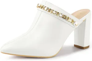 Allegra K Women's Chain Mule Slides for Woman, Pointed Toe Slip on Block Heel Slide Mules