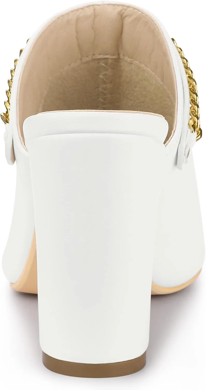 Allegra K Women's Chain Mule Slides for Woman, Pointed Toe Slip on Block Heel Slide Mules