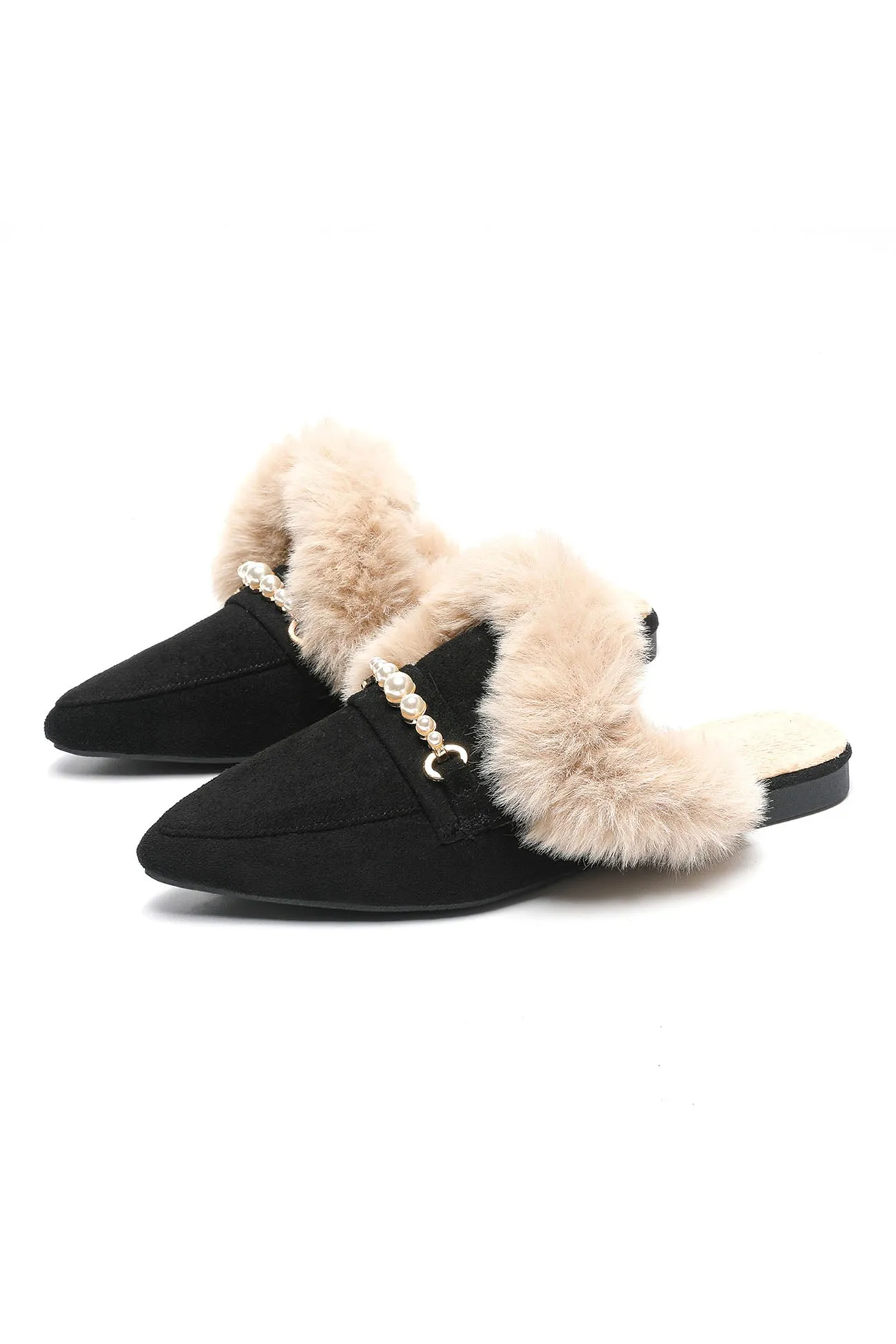 Amozae-Pearl Plush Pointed-Toe Loafer Mules