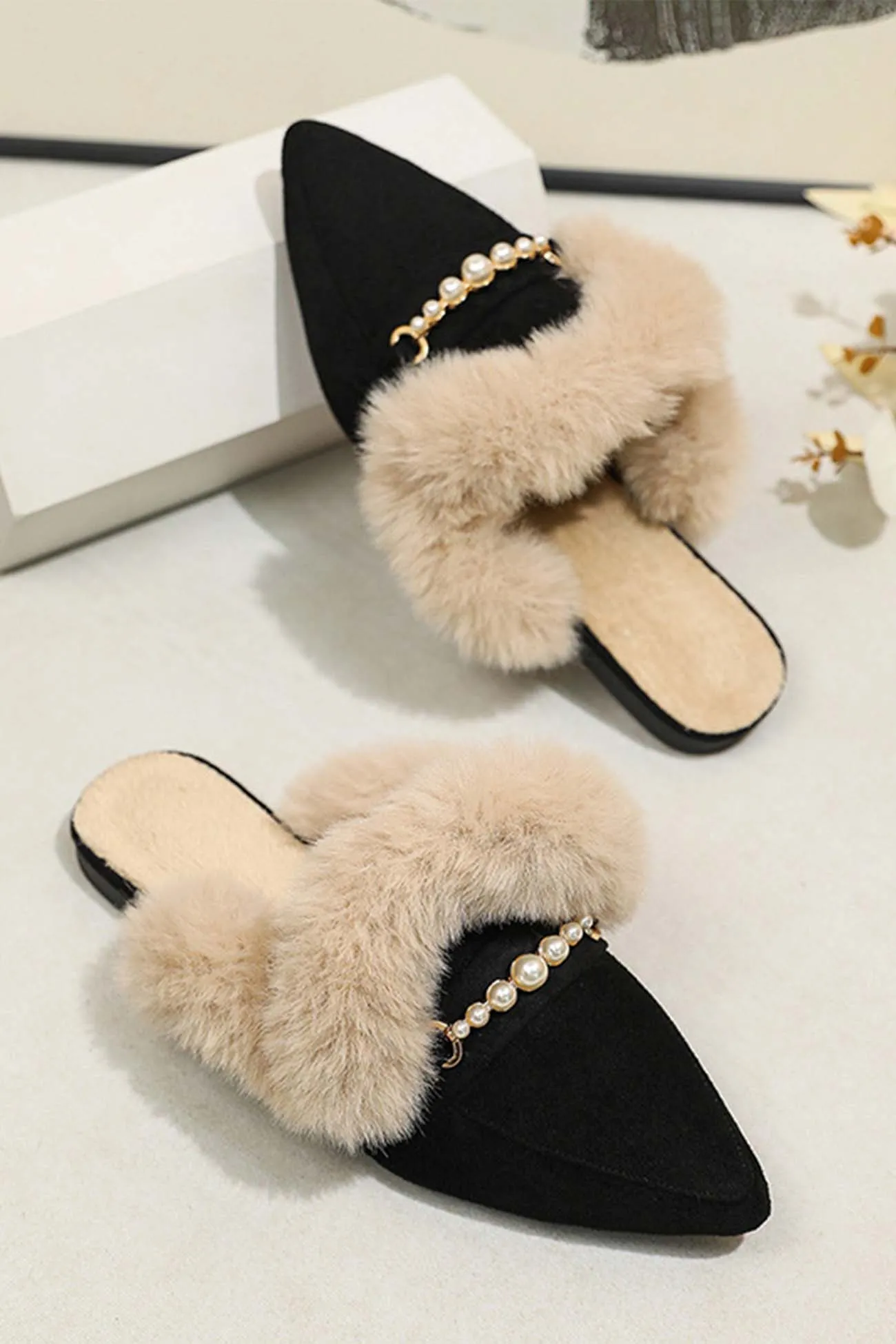 Amozae-Pearl Plush Pointed-Toe Loafer Mules