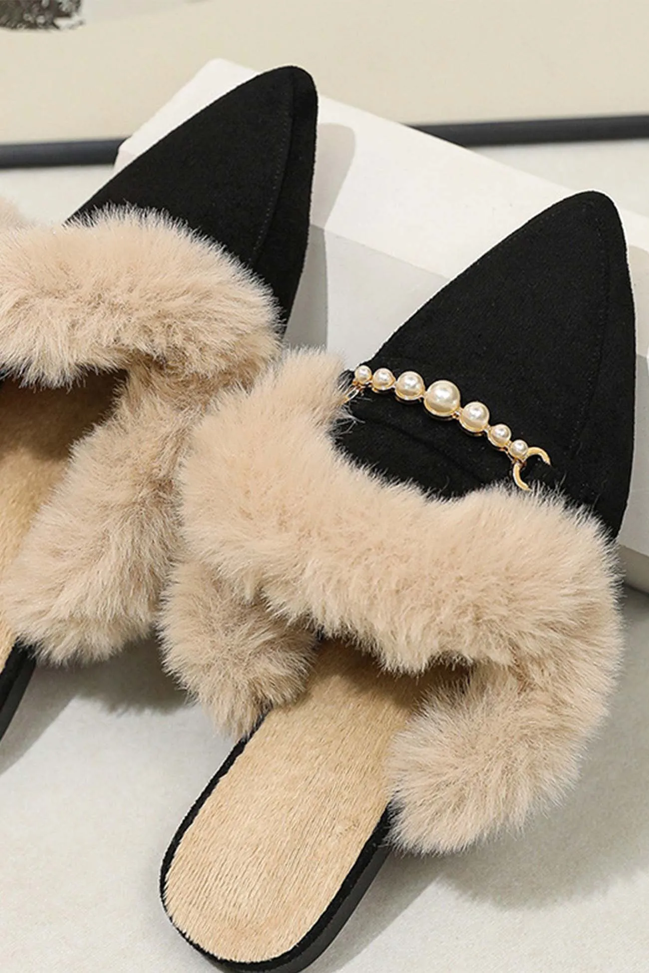 Amozae-Pearl Plush Pointed-Toe Loafer Mules