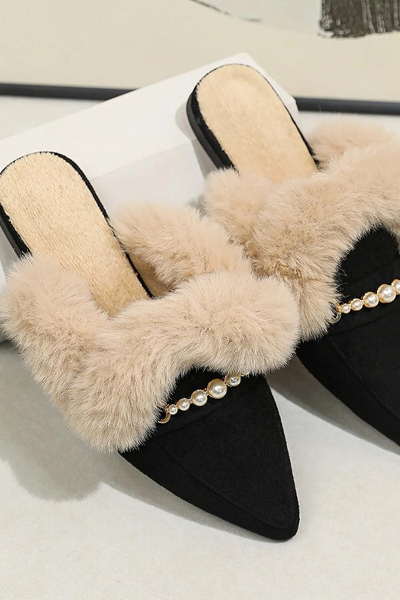 Amozae-Pearl Plush Pointed-Toe Loafer Mules