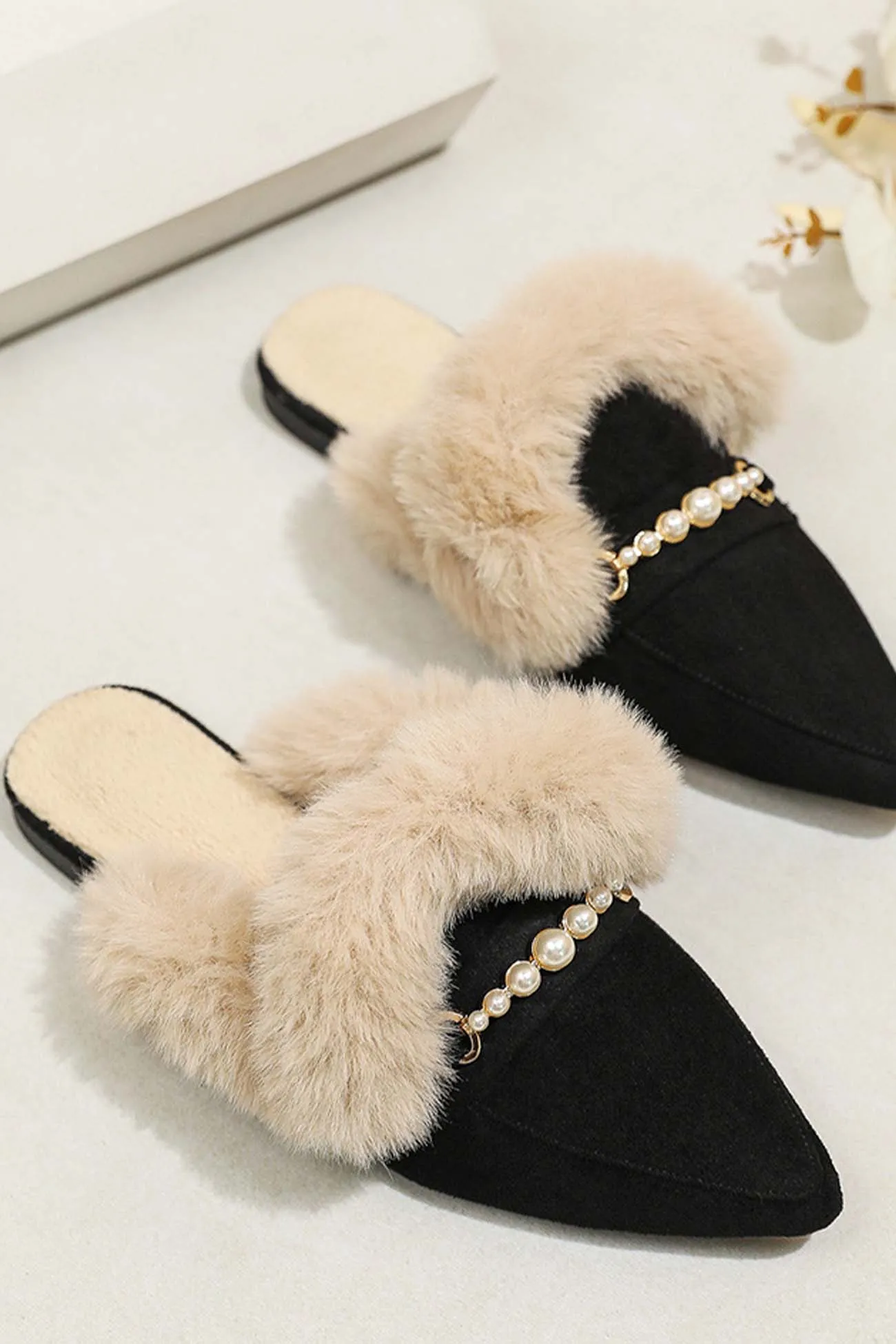 Amozae-Pearl Plush Pointed-Toe Loafer Mules