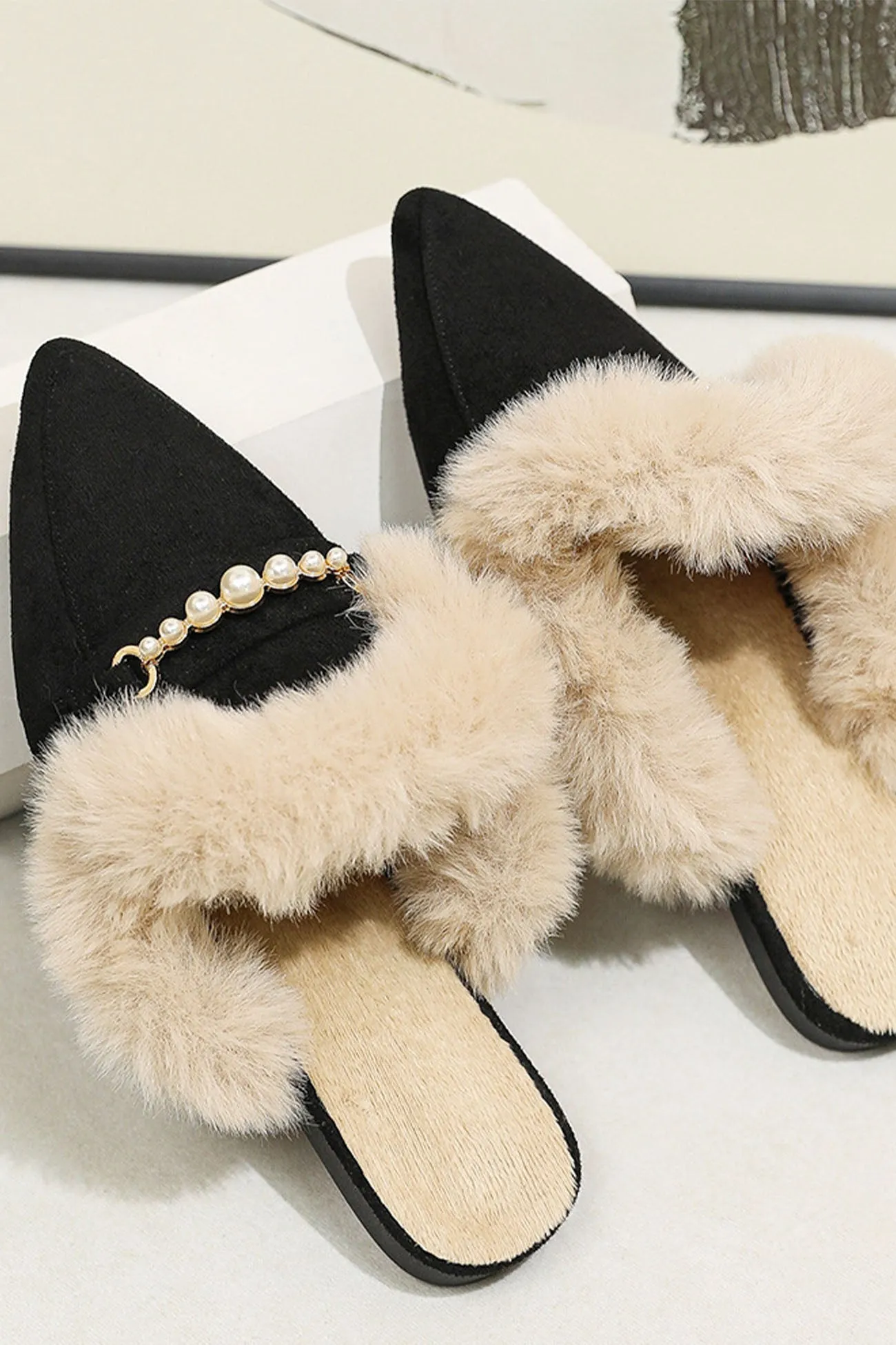 Amozae-Pearl Plush Pointed-Toe Loafer Mules