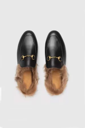 Amozae-Rabbit Fur Lined Leather Loafer Mules