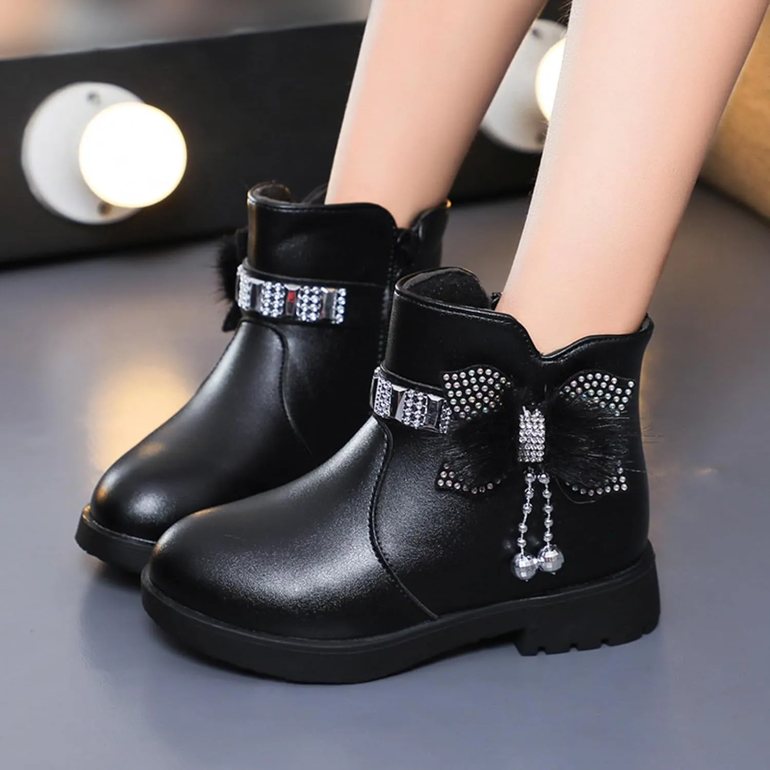 Ankle Boots for Girls Kids Ankle Booties Comfortable Slip on Lug Sole Short Booties Side Zipper Bowknot Dress Shoes