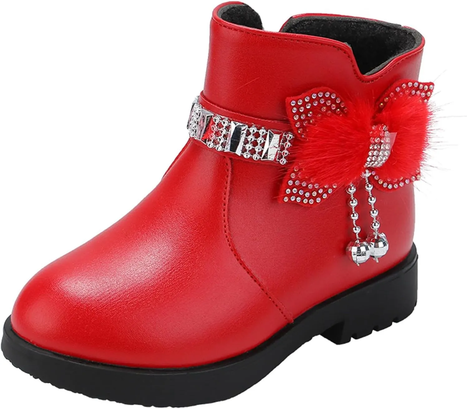 Ankle Boots for Girls Kids Ankle Booties Comfortable Slip on Lug Sole Short Booties Side Zipper Bowknot Dress Shoes