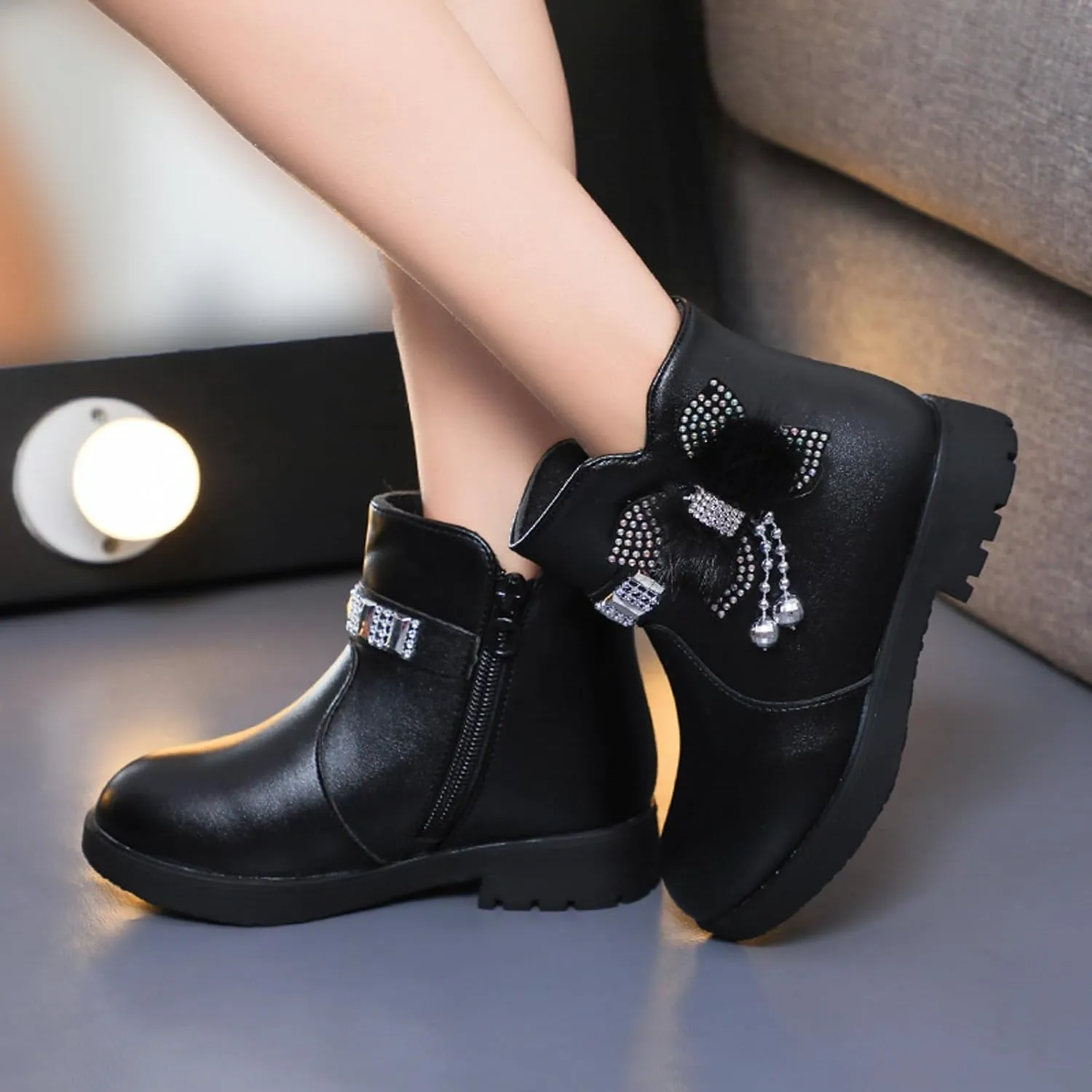 Ankle Boots for Girls Kids Ankle Booties Comfortable Slip on Lug Sole Short Booties Side Zipper Bowknot Dress Shoes