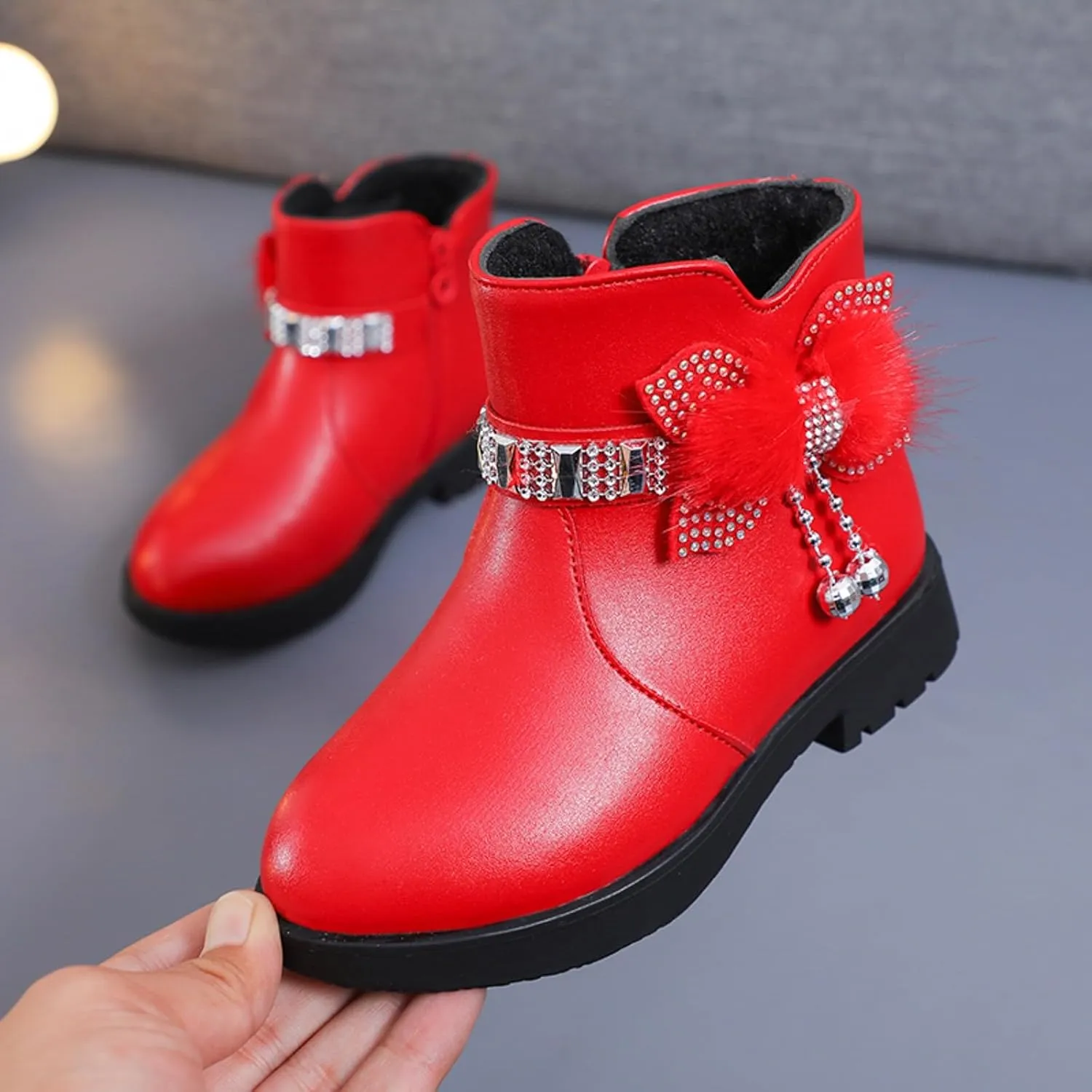 Ankle Boots for Girls Kids Ankle Booties Comfortable Slip on Lug Sole Short Booties Side Zipper Bowknot Dress Shoes