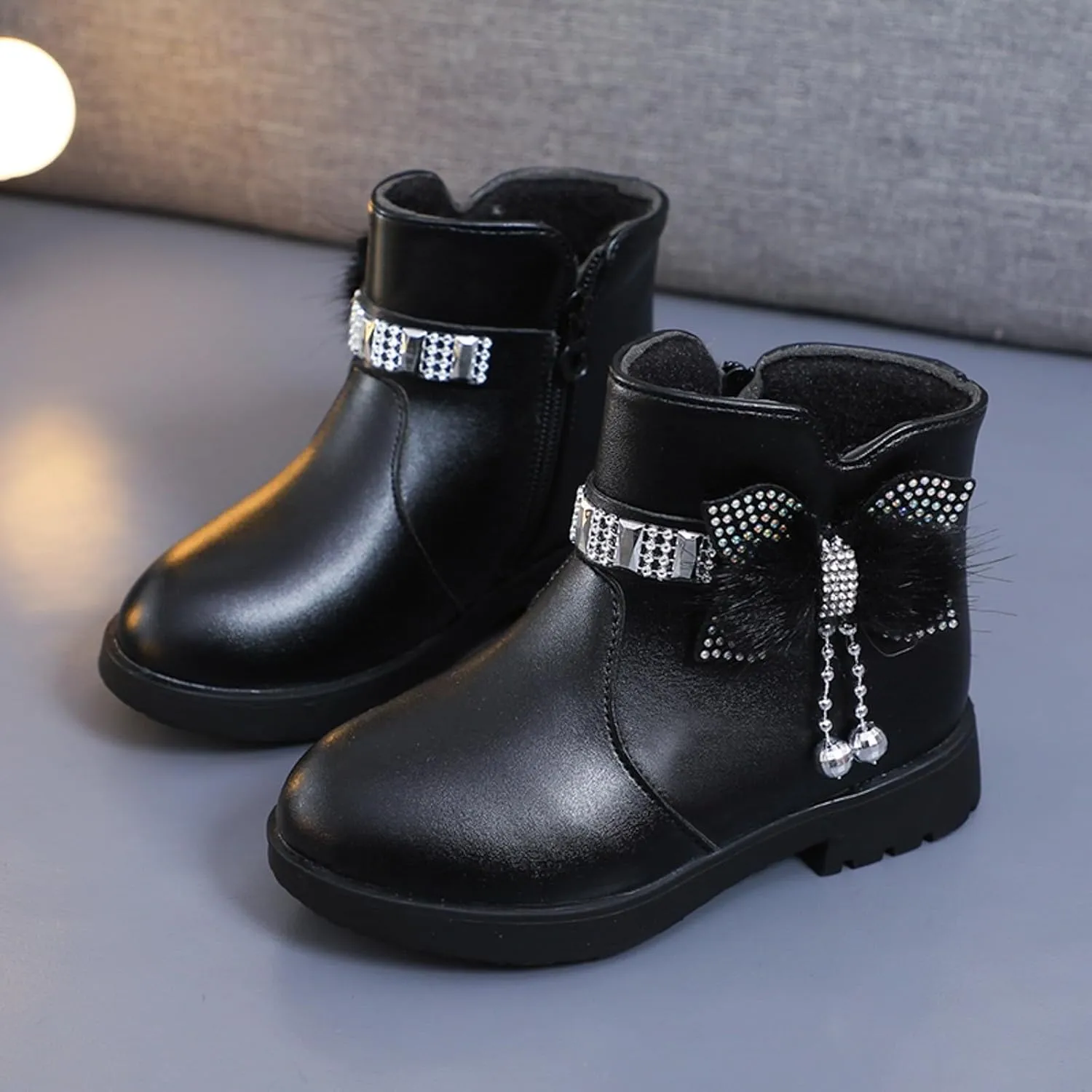 Ankle Boots for Girls Kids Ankle Booties Comfortable Slip on Lug Sole Short Booties Side Zipper Bowknot Dress Shoes