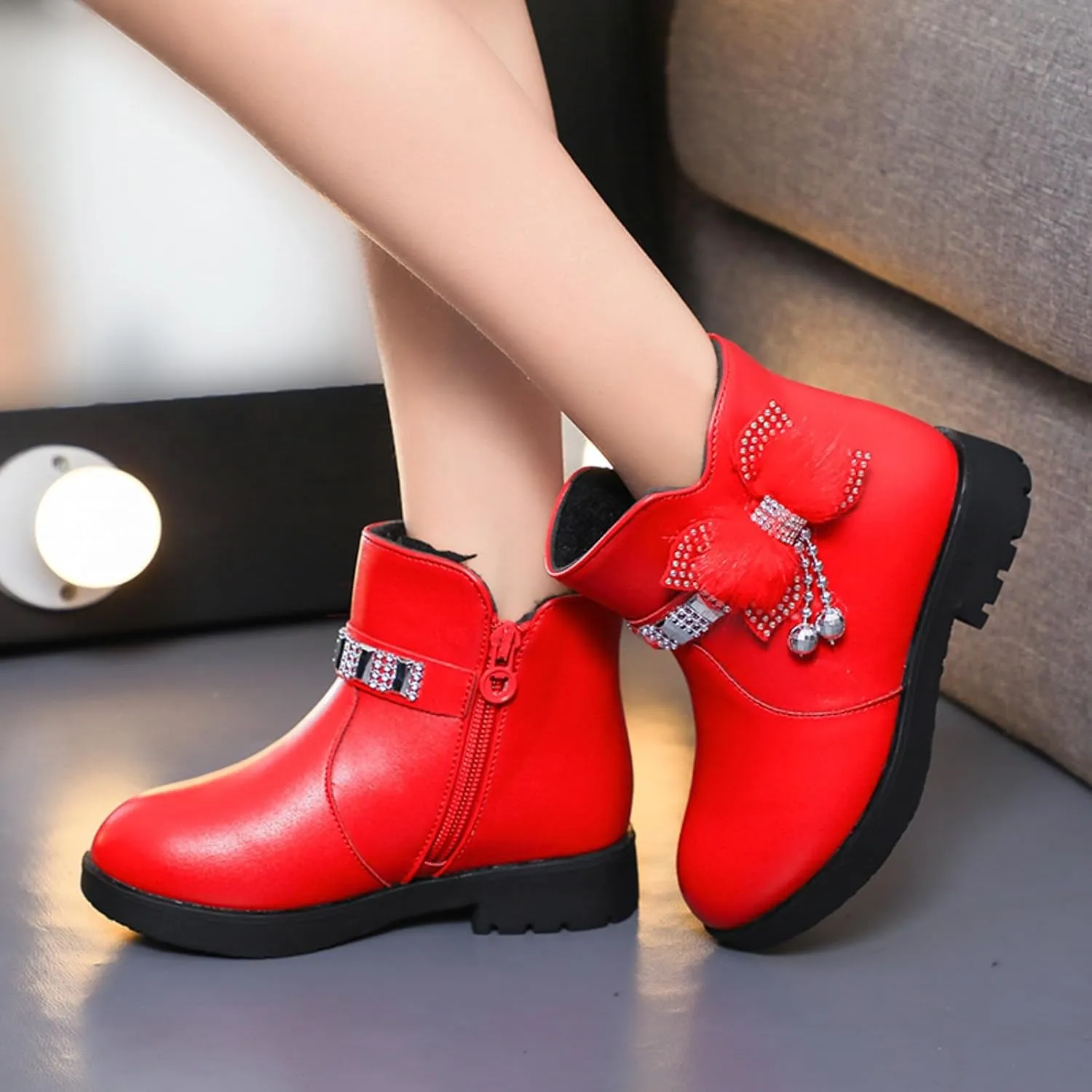 Ankle Boots for Girls Kids Ankle Booties Comfortable Slip on Lug Sole Short Booties Side Zipper Bowknot Dress Shoes