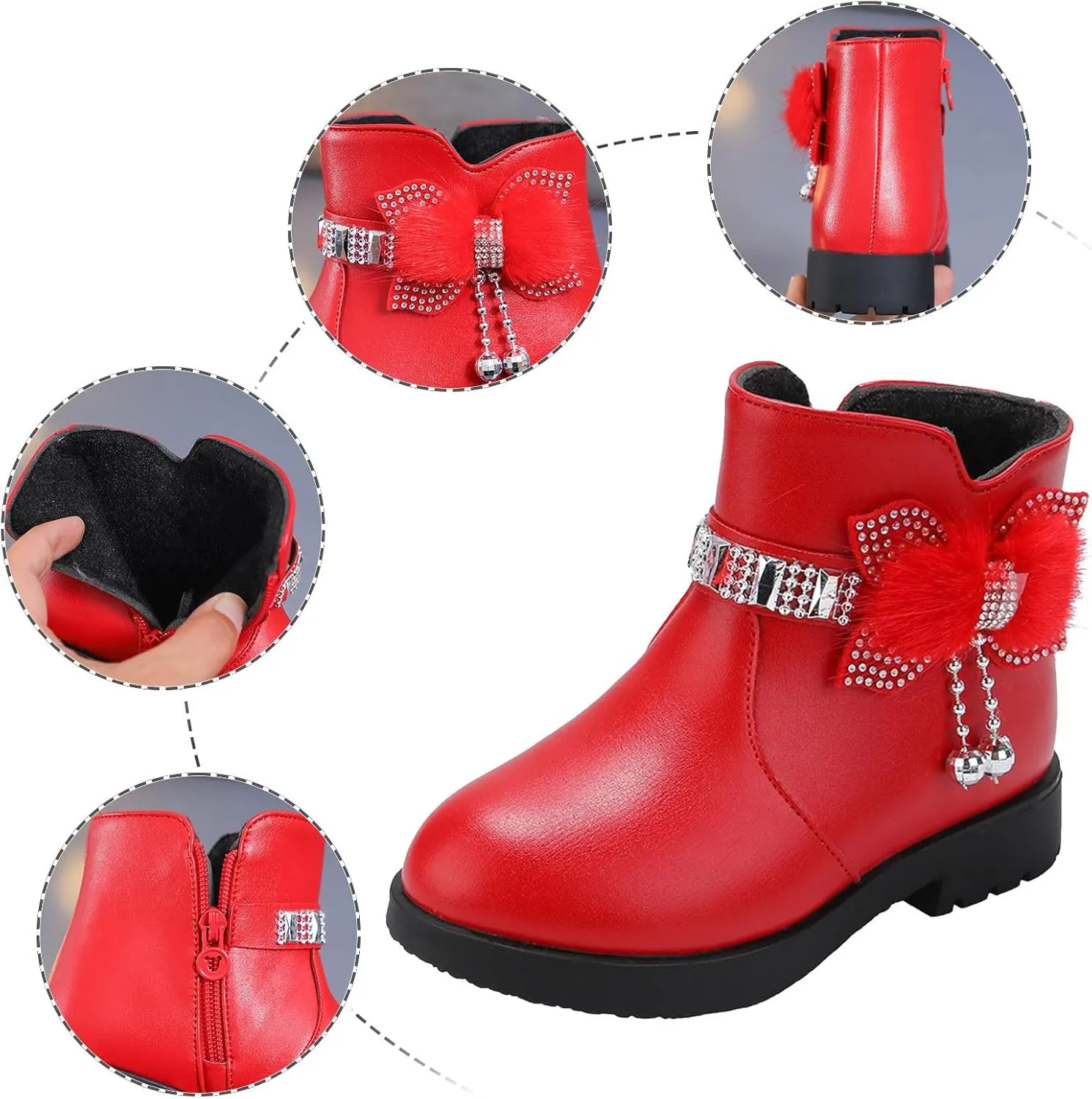 Ankle Boots for Girls Kids Ankle Booties Comfortable Slip on Lug Sole Short Booties Side Zipper Bowknot Dress Shoes