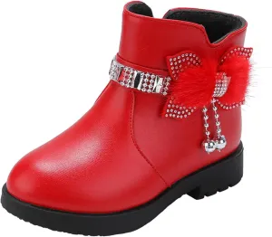 Ankle Boots for Girls Kids Ankle Booties Comfortable Slip on Lug Sole Short Booties Side Zipper Bowknot Dress Shoes