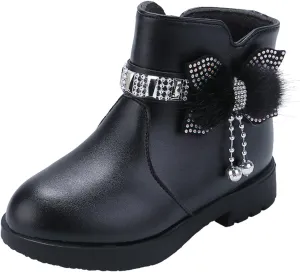 Ankle Boots for Girls Kids Ankle Booties Comfortable Slip on Lug Sole Short Booties Side Zipper Bowknot Dress Shoes