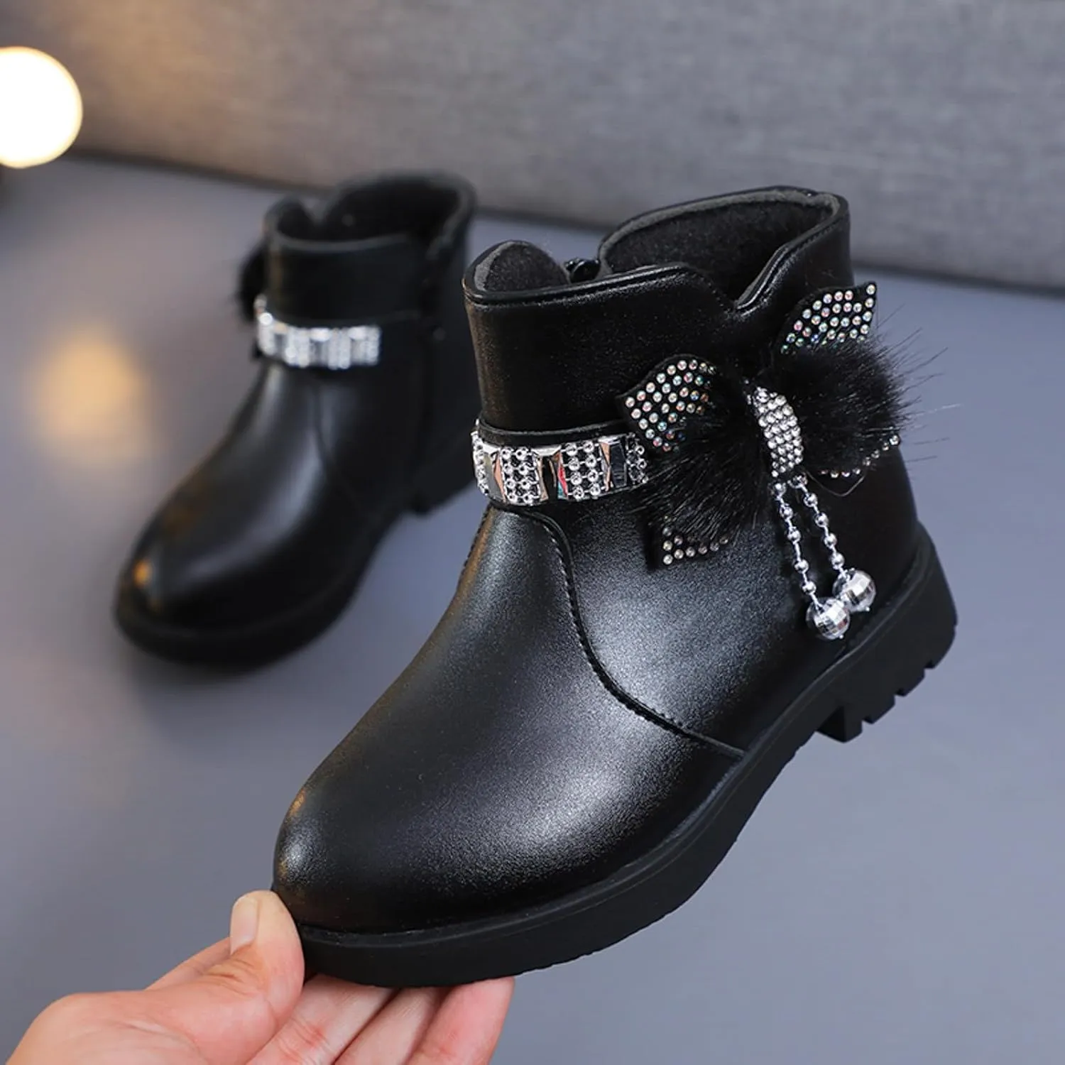 Ankle Boots for Girls Kids Ankle Booties Comfortable Slip on Lug Sole Short Booties Side Zipper Bowknot Dress Shoes