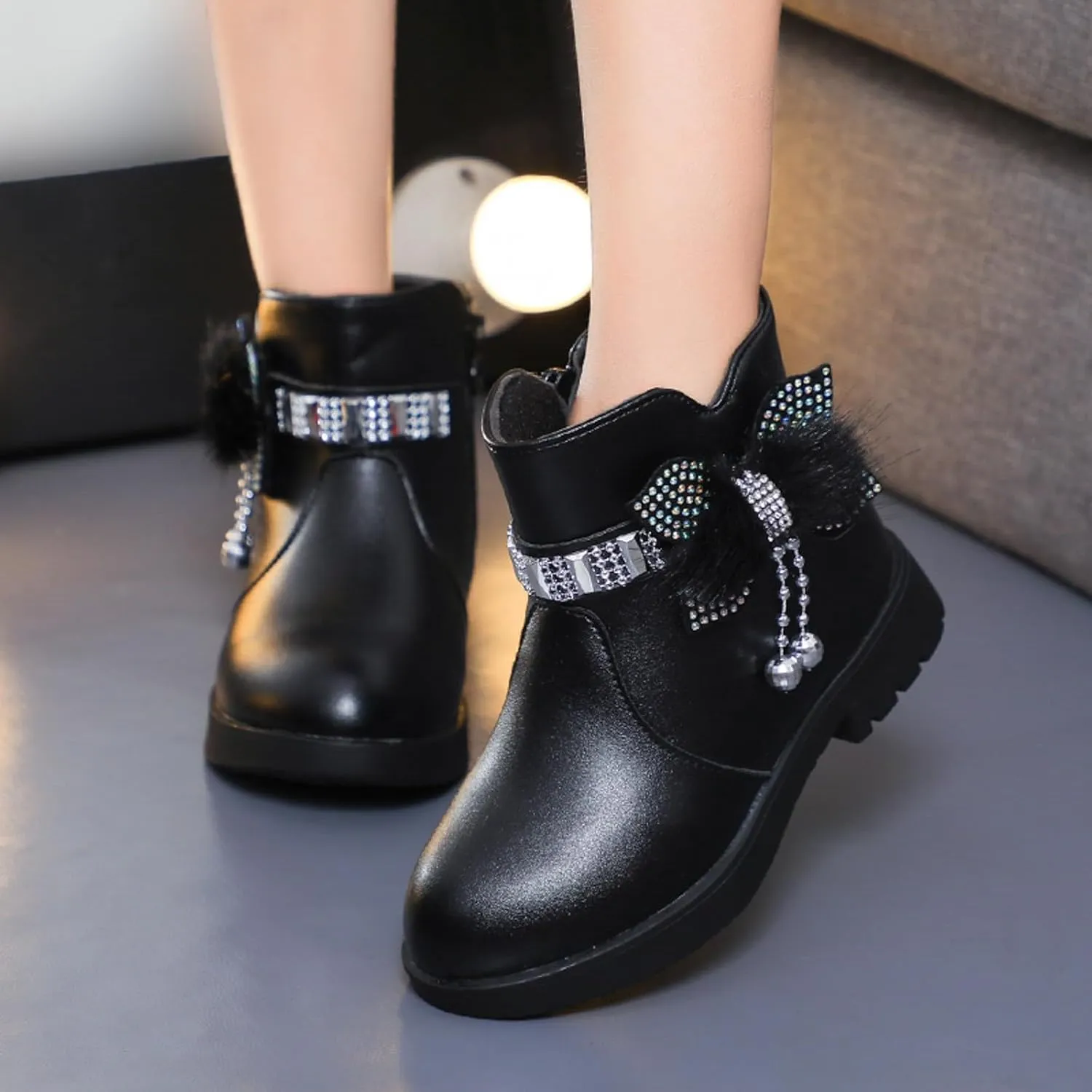 Ankle Boots for Girls Kids Ankle Booties Comfortable Slip on Lug Sole Short Booties Side Zipper Bowknot Dress Shoes