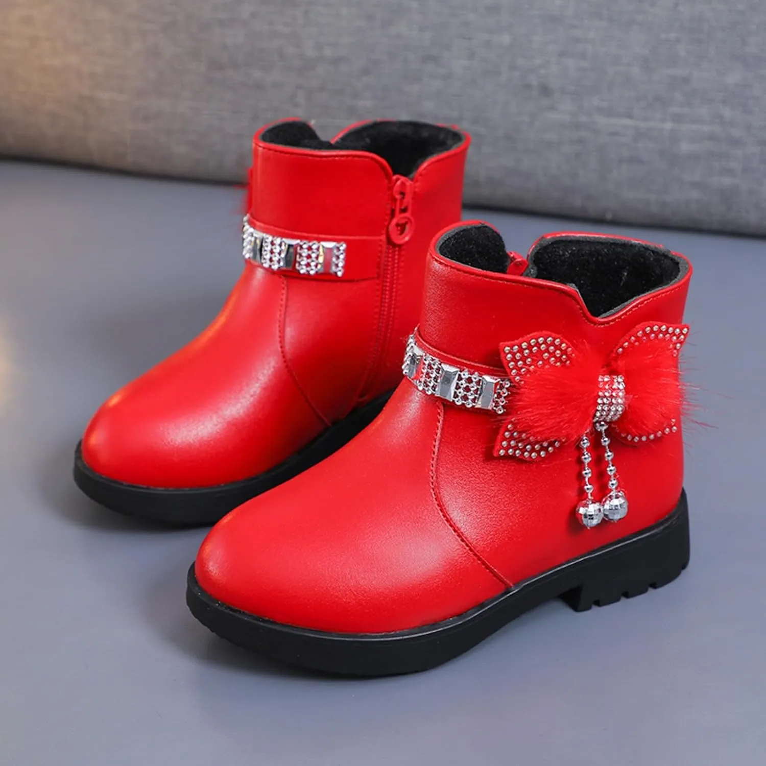 Ankle Boots for Girls Kids Ankle Booties Comfortable Slip on Lug Sole Short Booties Side Zipper Bowknot Dress Shoes