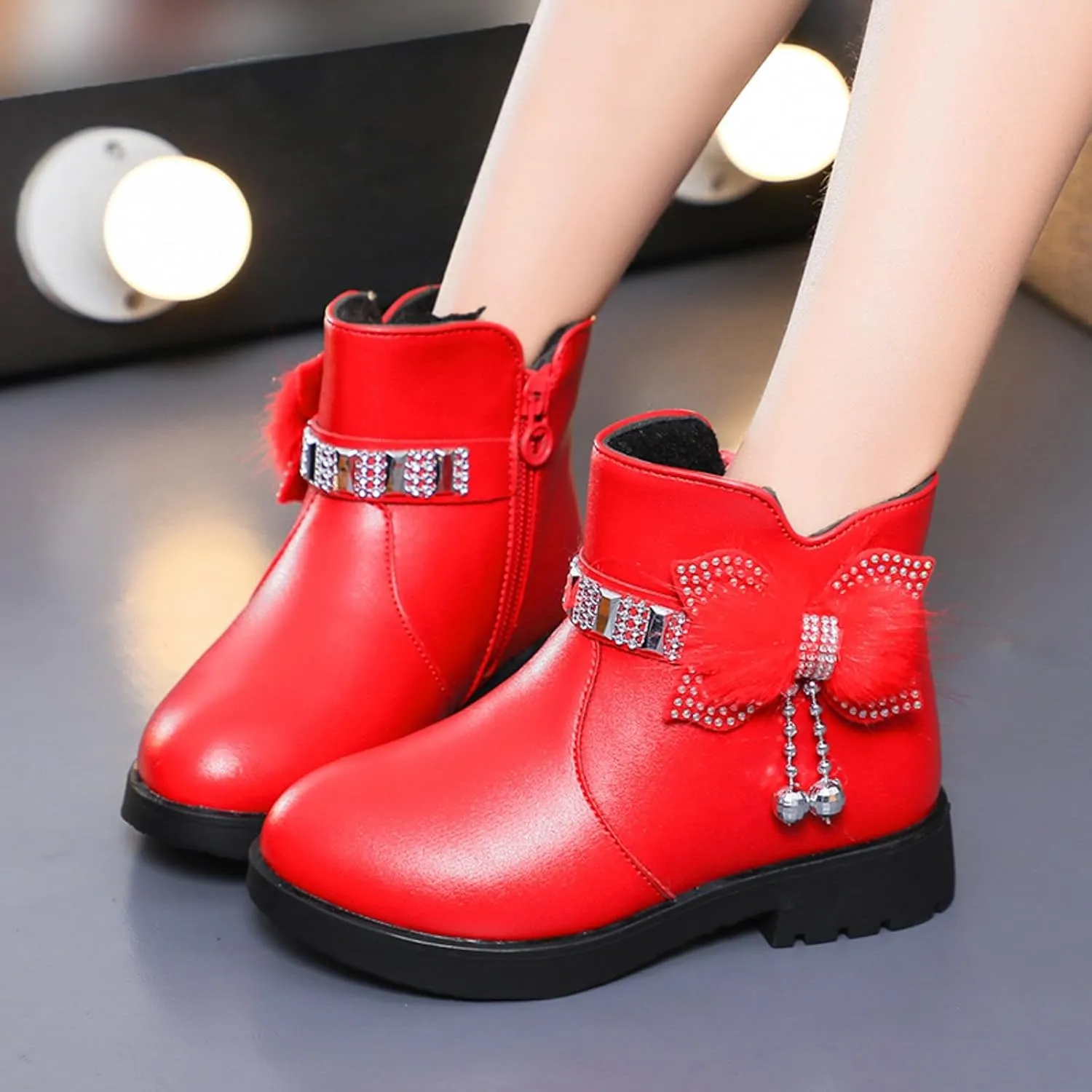 Ankle Boots for Girls Kids Ankle Booties Comfortable Slip on Lug Sole Short Booties Side Zipper Bowknot Dress Shoes