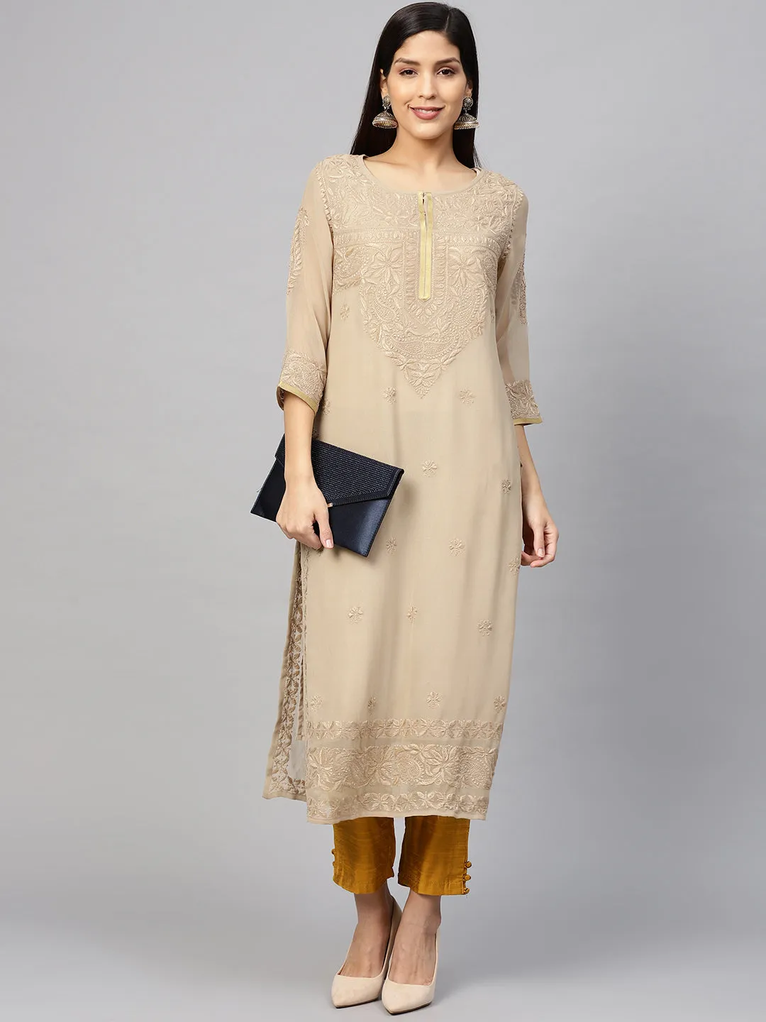 Beige Chikankari Georgette Kurta