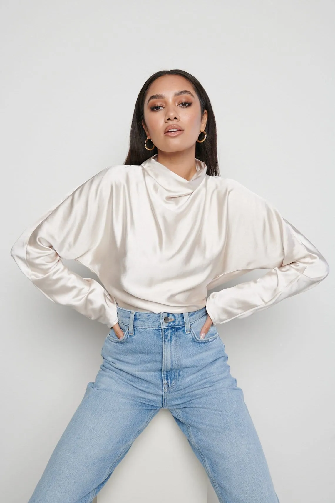 Bonnie High Neck Backless Blouse - Oyster