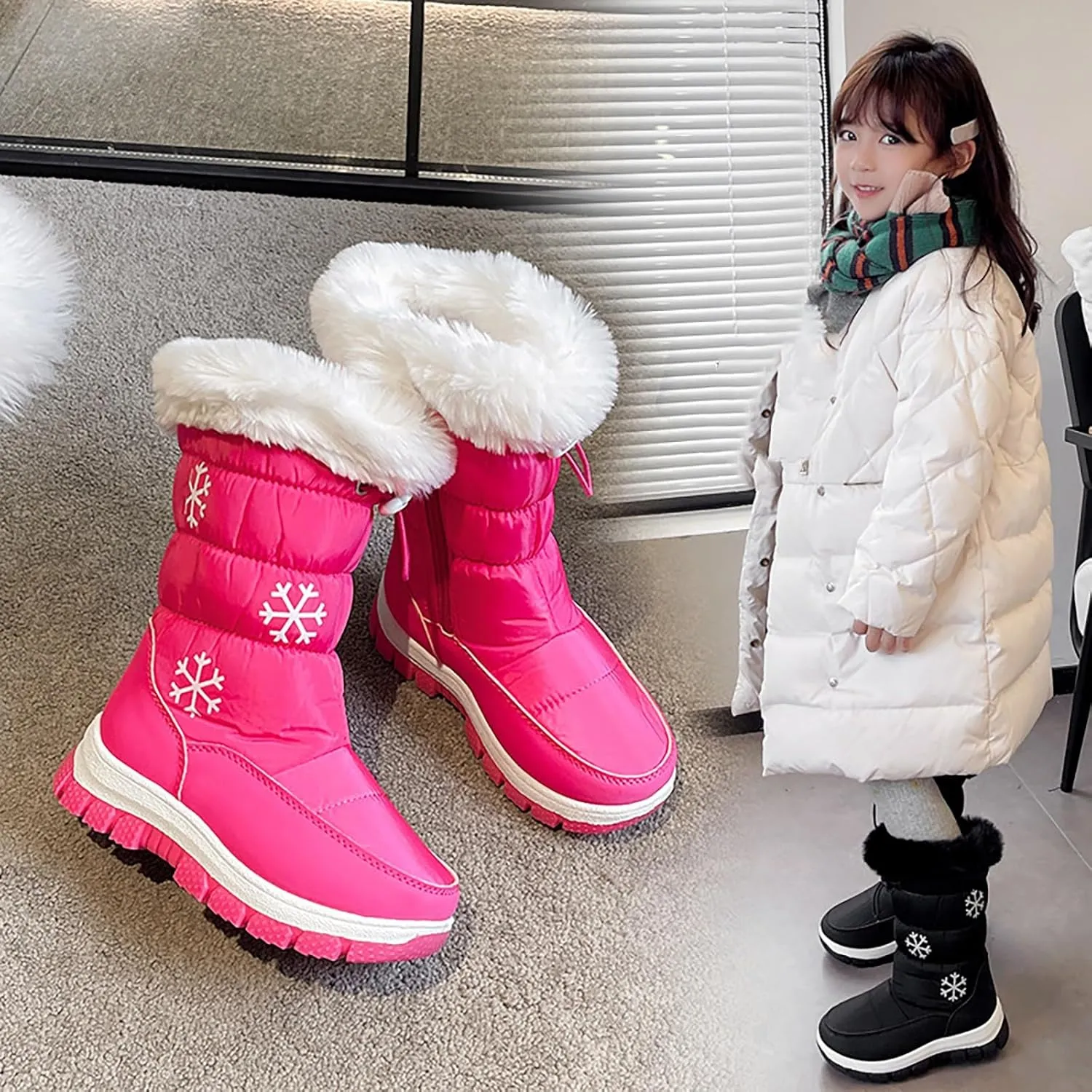 Boys Girls Mid Calf Snow Boots Warm Cozy Anti-Slip Faux Fr ining Insulated Shoes for Little/Big Kids Outdoor