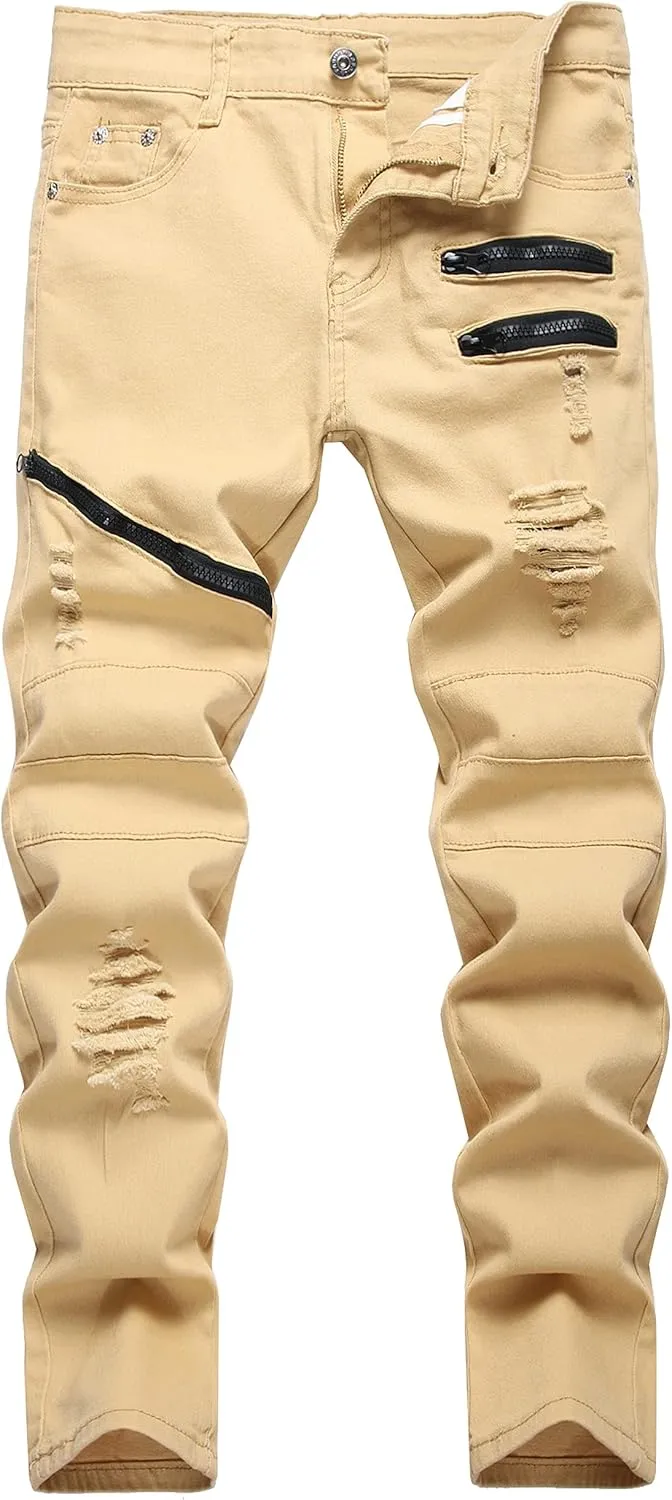 Boy's Stylish Moto Biker Ripped Distressed Skinny Fit Stretch Fashion Denim Jeans
