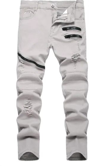 Boy's Stylish Moto Biker Ripped Distressed Skinny Fit Stretch Fashion Denim Jeans