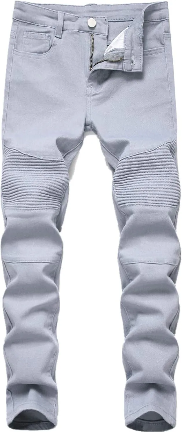 Boy's Stylish Moto Biker Skinny Ripped Wrinkled Stretch Fit Denim Jeans
