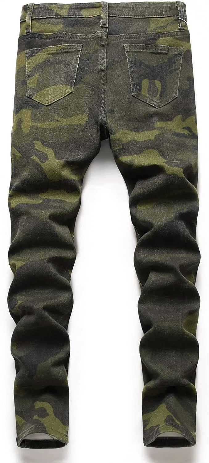 Boy's Stylish Moto Biker Skinny Ripped Wrinkled Stretch Fit Denim Jeans