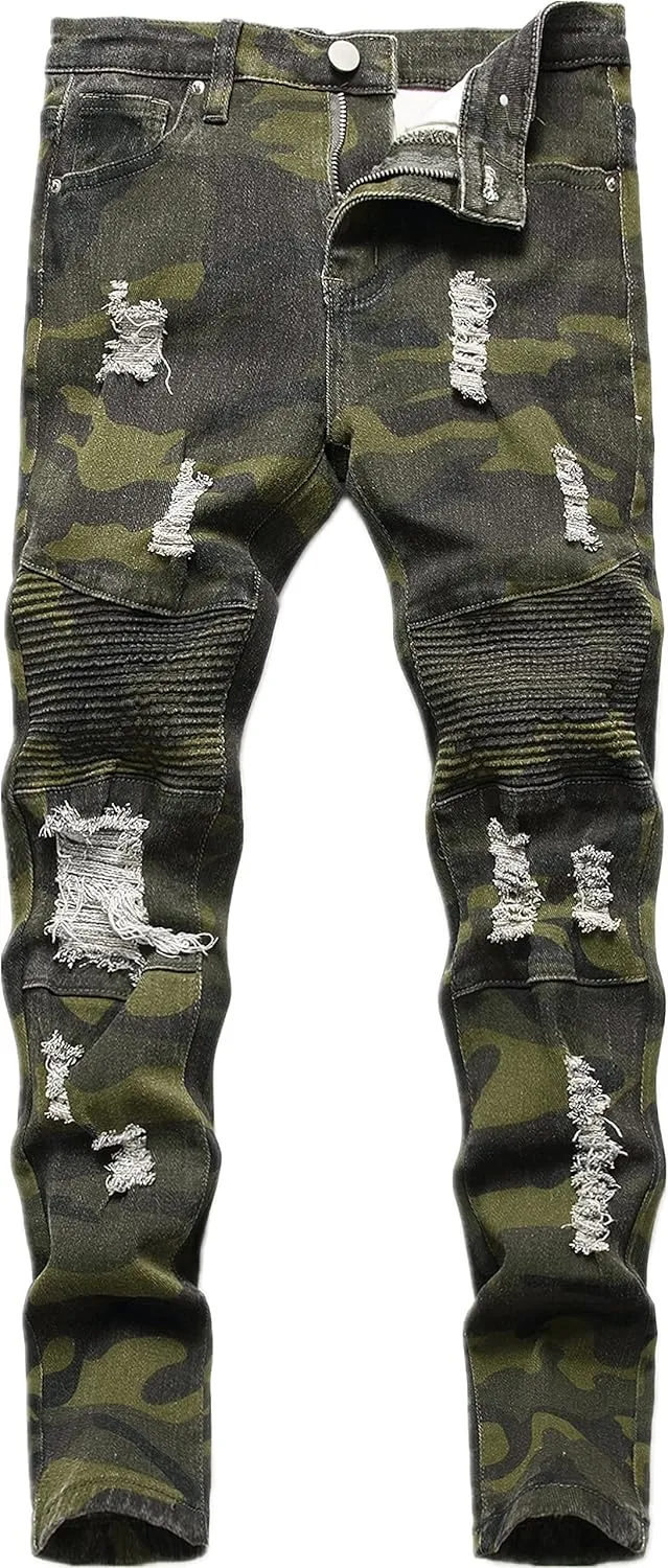 Boy's Stylish Moto Biker Skinny Ripped Wrinkled Stretch Fit Denim Jeans