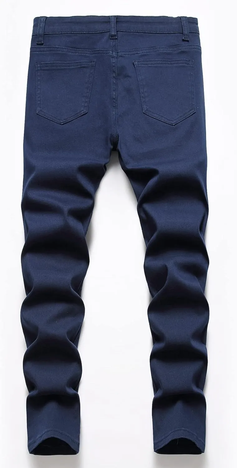 Boy's Stylish Moto Biker Skinny Ripped Wrinkled Stretch Fit Denim Jeans