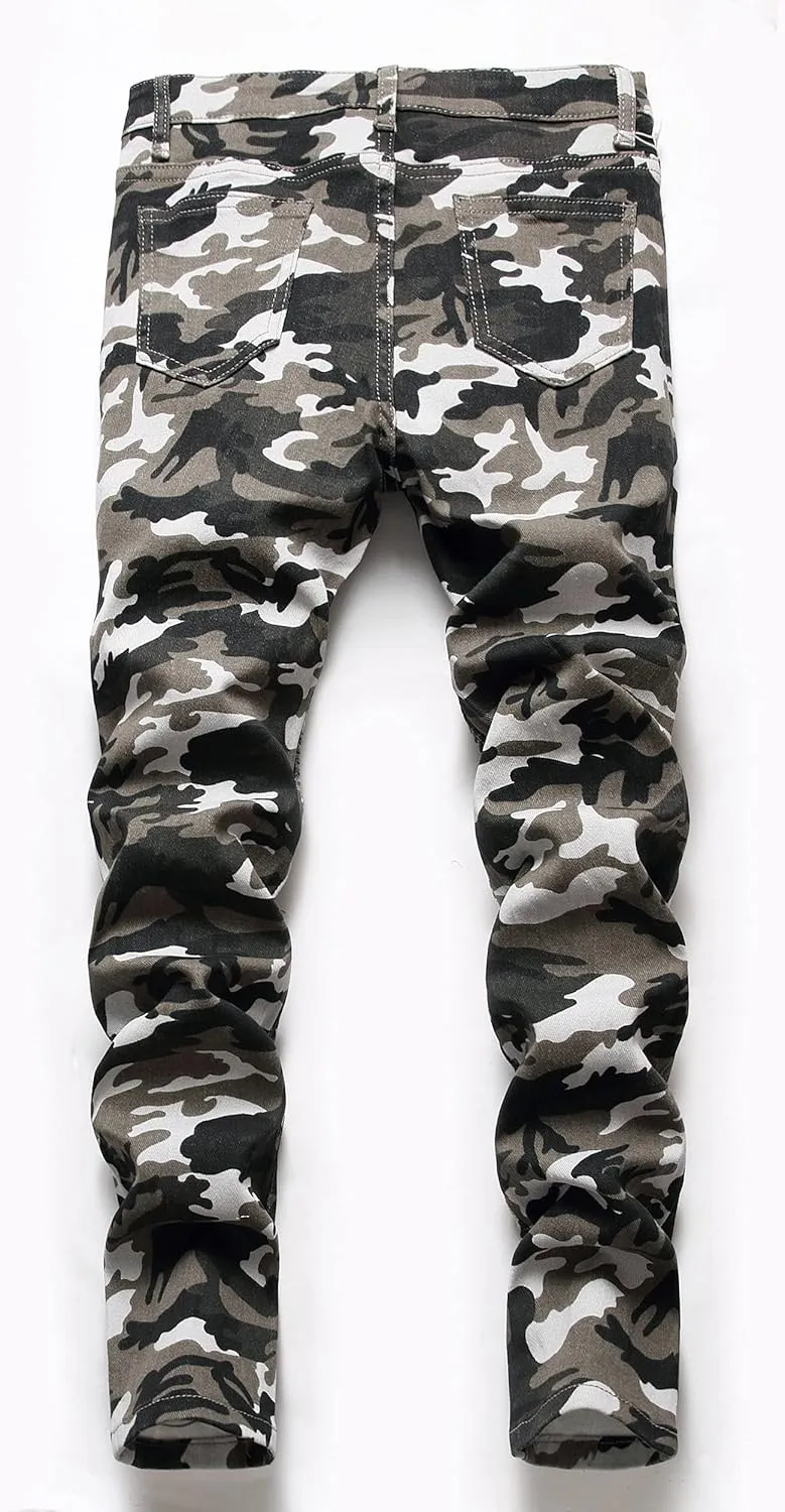 Boy's Stylish Moto Biker Skinny Ripped Wrinkled Stretch Fit Denim Jeans