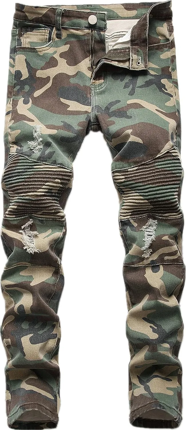 Boy's Stylish Moto Biker Skinny Ripped Wrinkled Stretch Fit Denim Jeans
