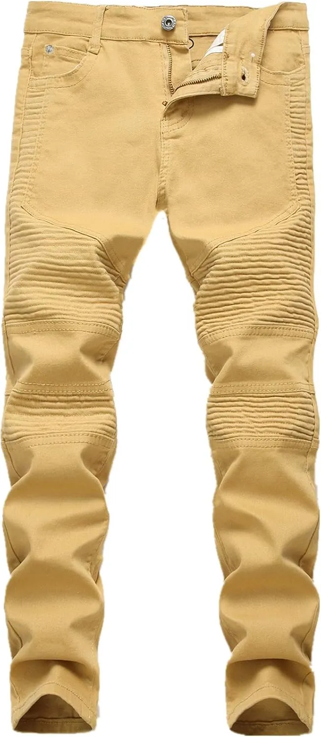 Boy's Stylish Moto Biker Skinny Ripped Wrinkled Stretch Fit Denim Jeans