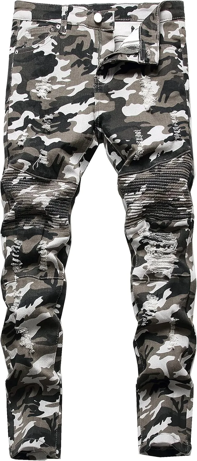 Boy's Stylish Moto Biker Skinny Ripped Wrinkled Stretch Fit Denim Jeans