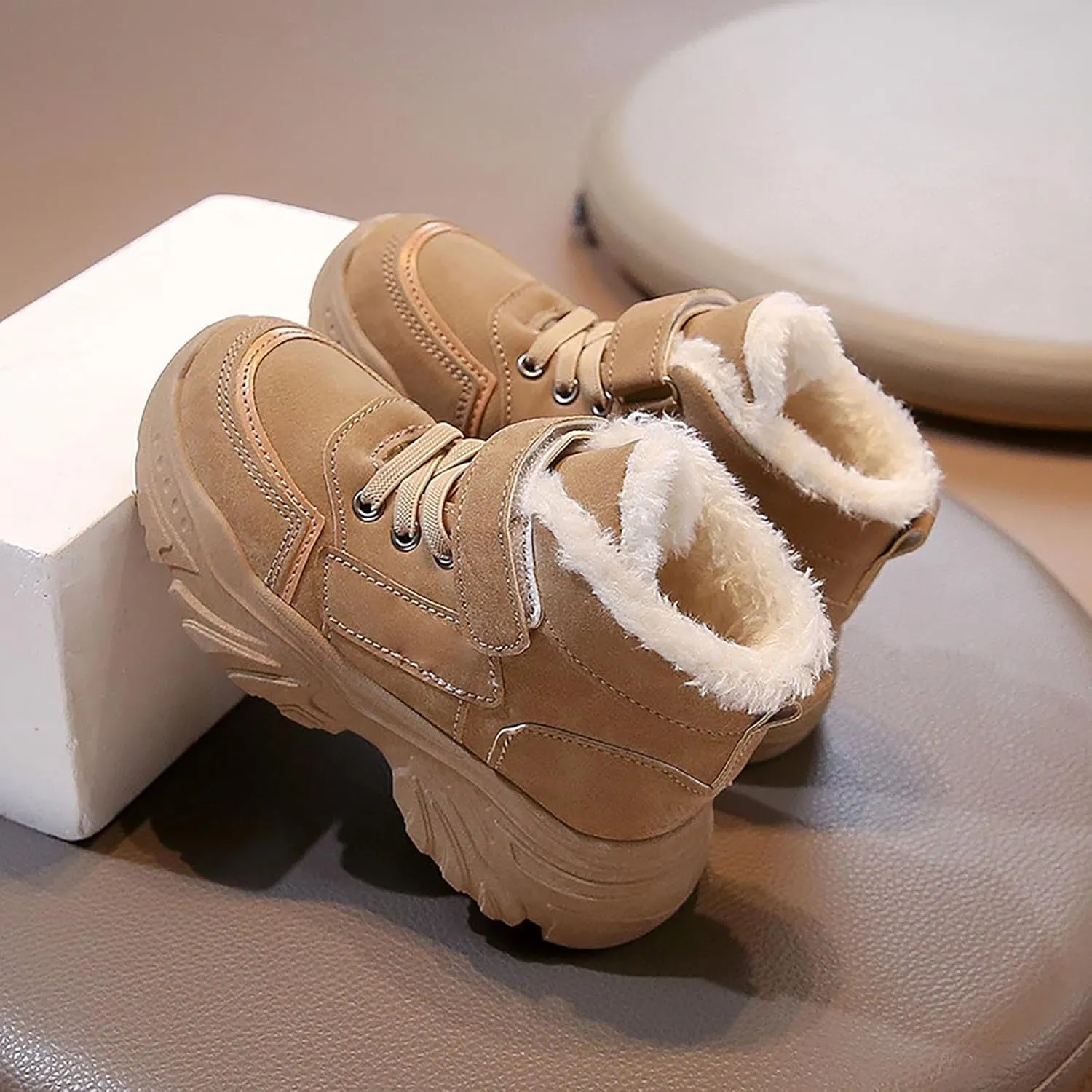 Childrens Chunky Sole Slip On Short Boots Kids Girls Boys Fuzzy Lined Warm Booties Toddler Winter Cozy Outdoor Shoes