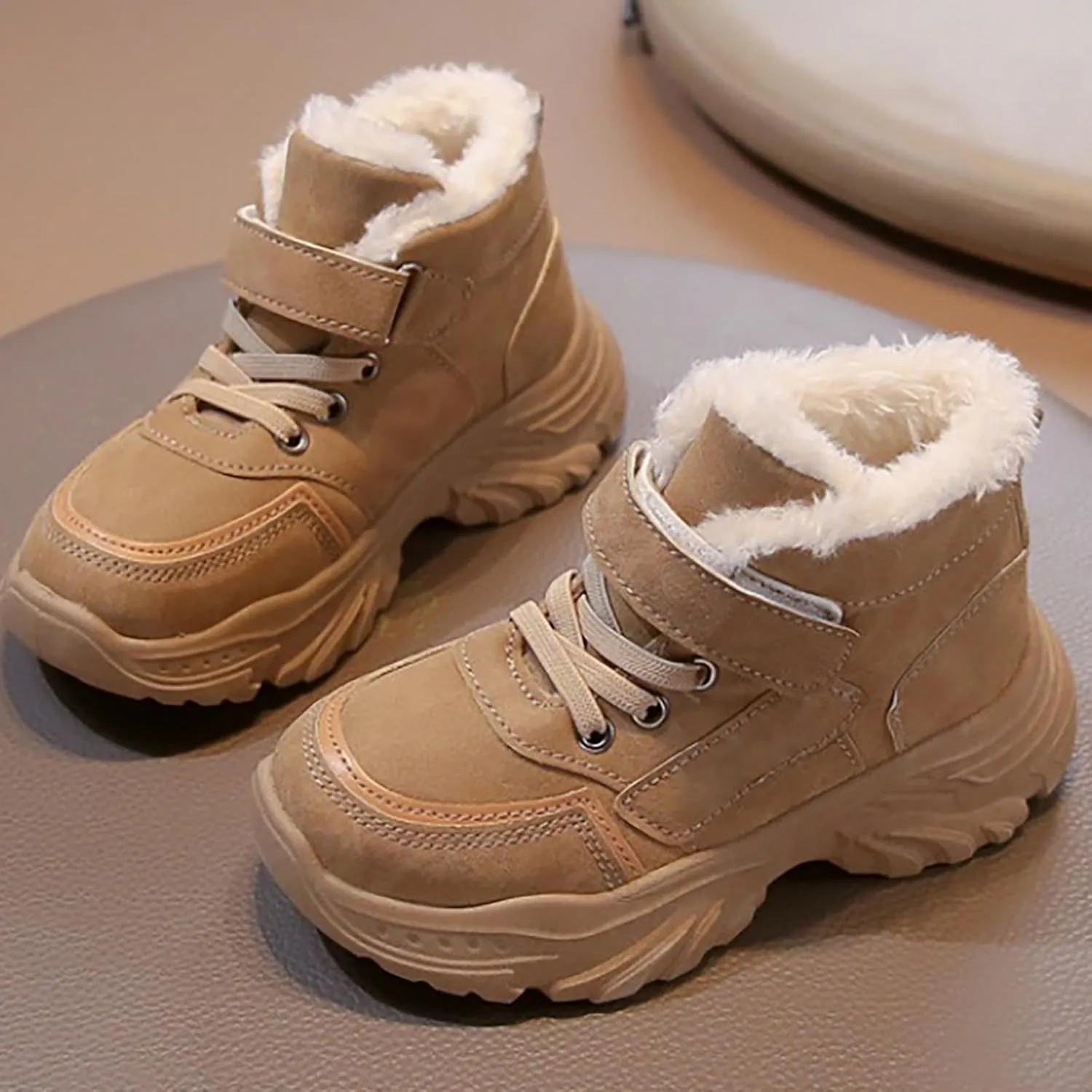 Childrens Chunky Sole Slip On Short Boots Kids Girls Boys Fuzzy Lined Warm Booties Toddler Winter Cozy Outdoor Shoes