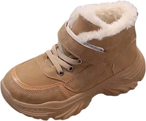 Childrens Chunky Sole Slip On Short Boots Kids Girls Boys Fuzzy Lined Warm Booties Toddler Winter Cozy Outdoor Shoes