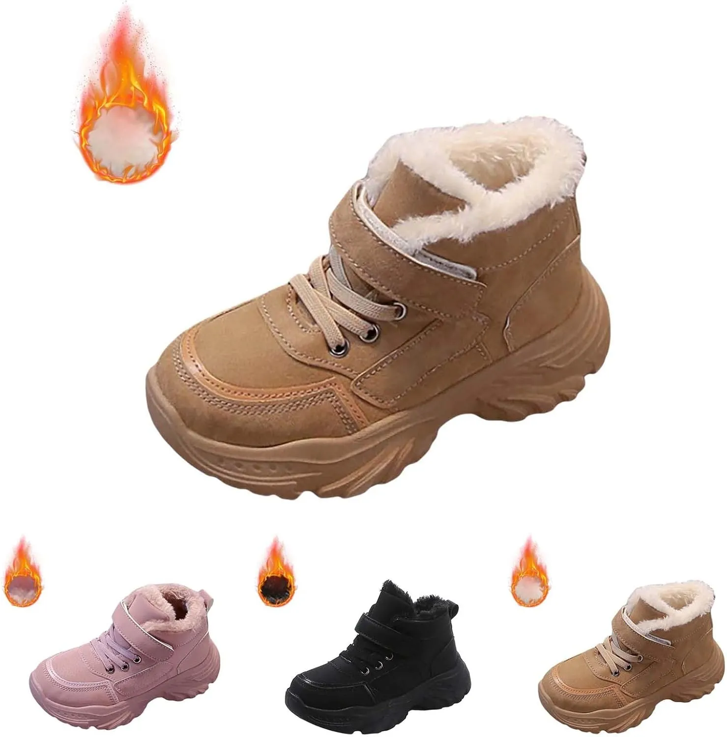 Childrens Chunky Sole Slip On Short Boots Kids Girls Boys Fuzzy Lined Warm Booties Toddler Winter Cozy Outdoor Shoes