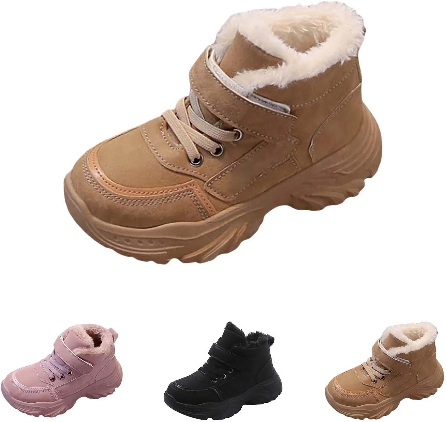 Childrens Chunky Sole Slip On Short Boots Kids Girls Boys Fuzzy Lined Warm Booties Toddler Winter Cozy Outdoor Shoes