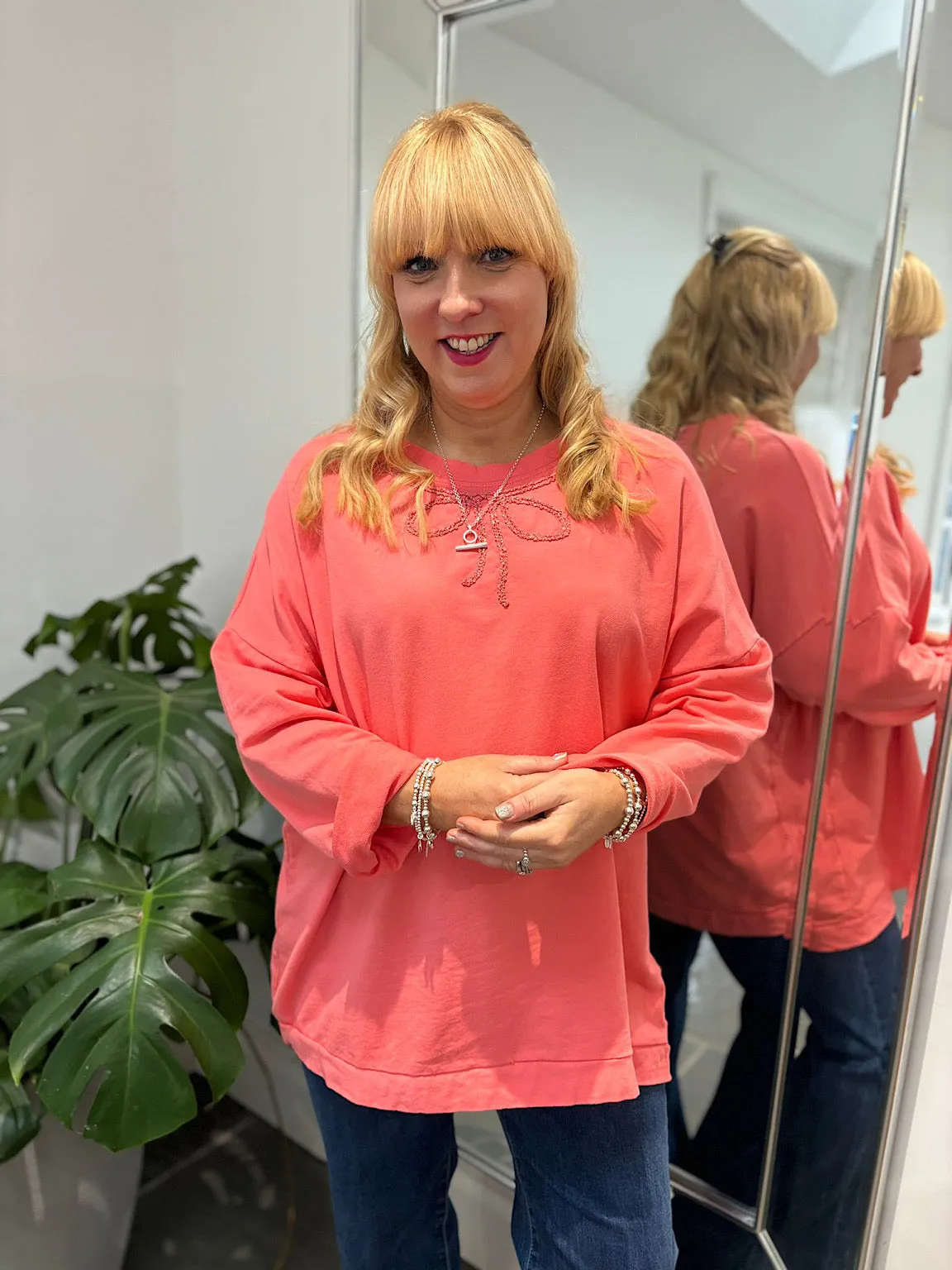 Coral Bow Detail Sweat Top Janey