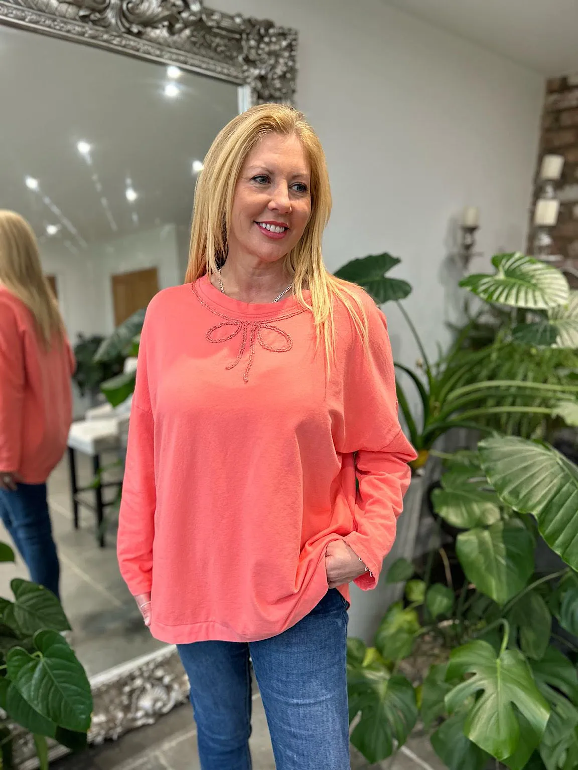 Coral Bow Detail Sweat Top Janey