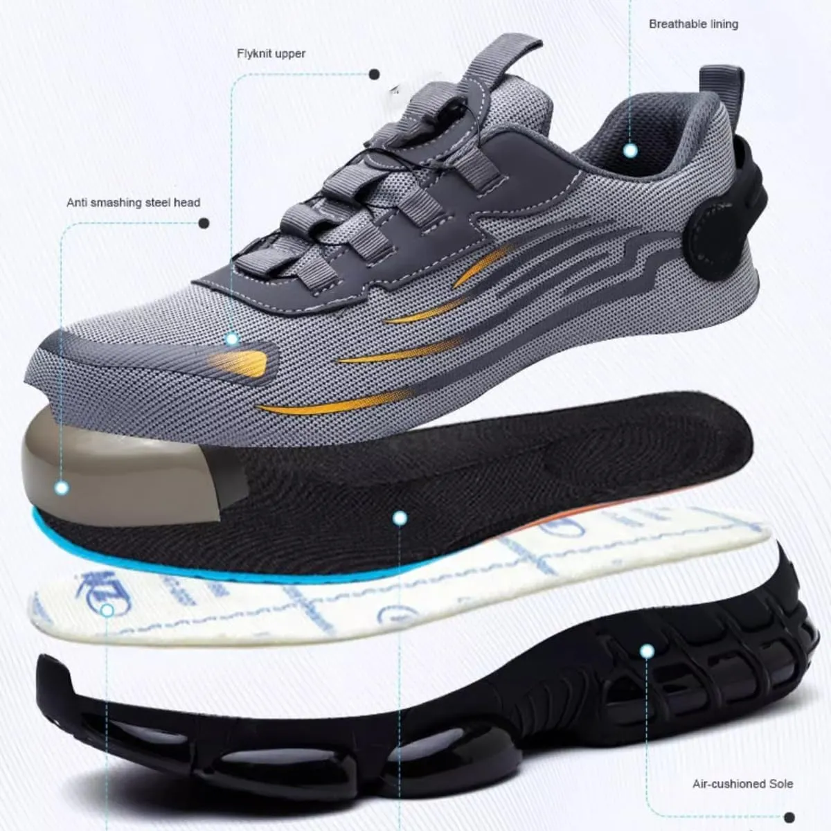Evontura Steel Toe Shoes, Men's Steel Toe Power Trainers, Safety Work Shoes (Grey, US 10)