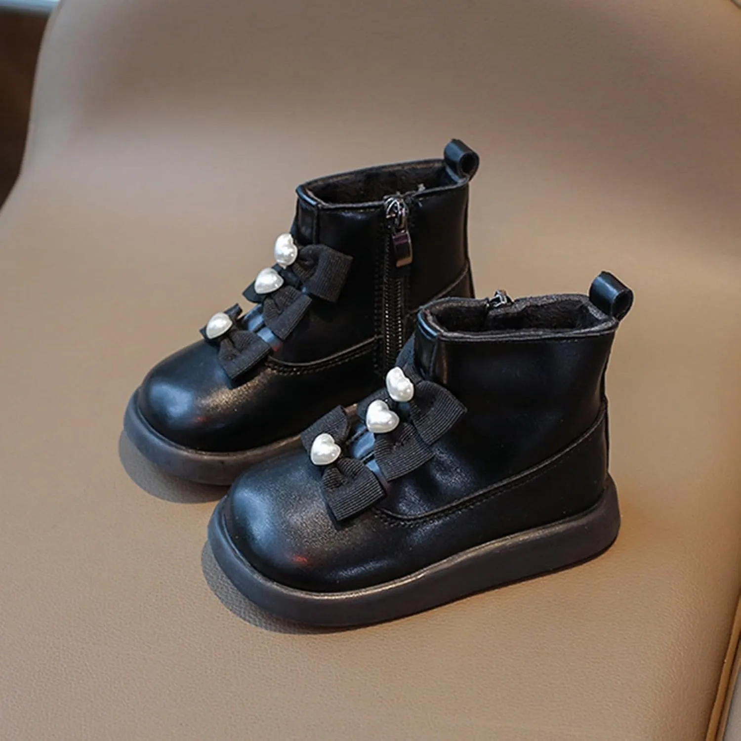 Fashion Bowtie Ankle Boots for Toddler Girls PU Leather Water Proof Princess School Shoes Thick Cozy Sweet Flat