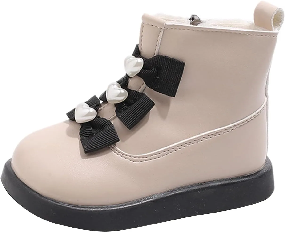 Fashion Bowtie Ankle Boots for Toddler Girls PU Leather Water Proof Princess School Shoes Thick Cozy Sweet Flat