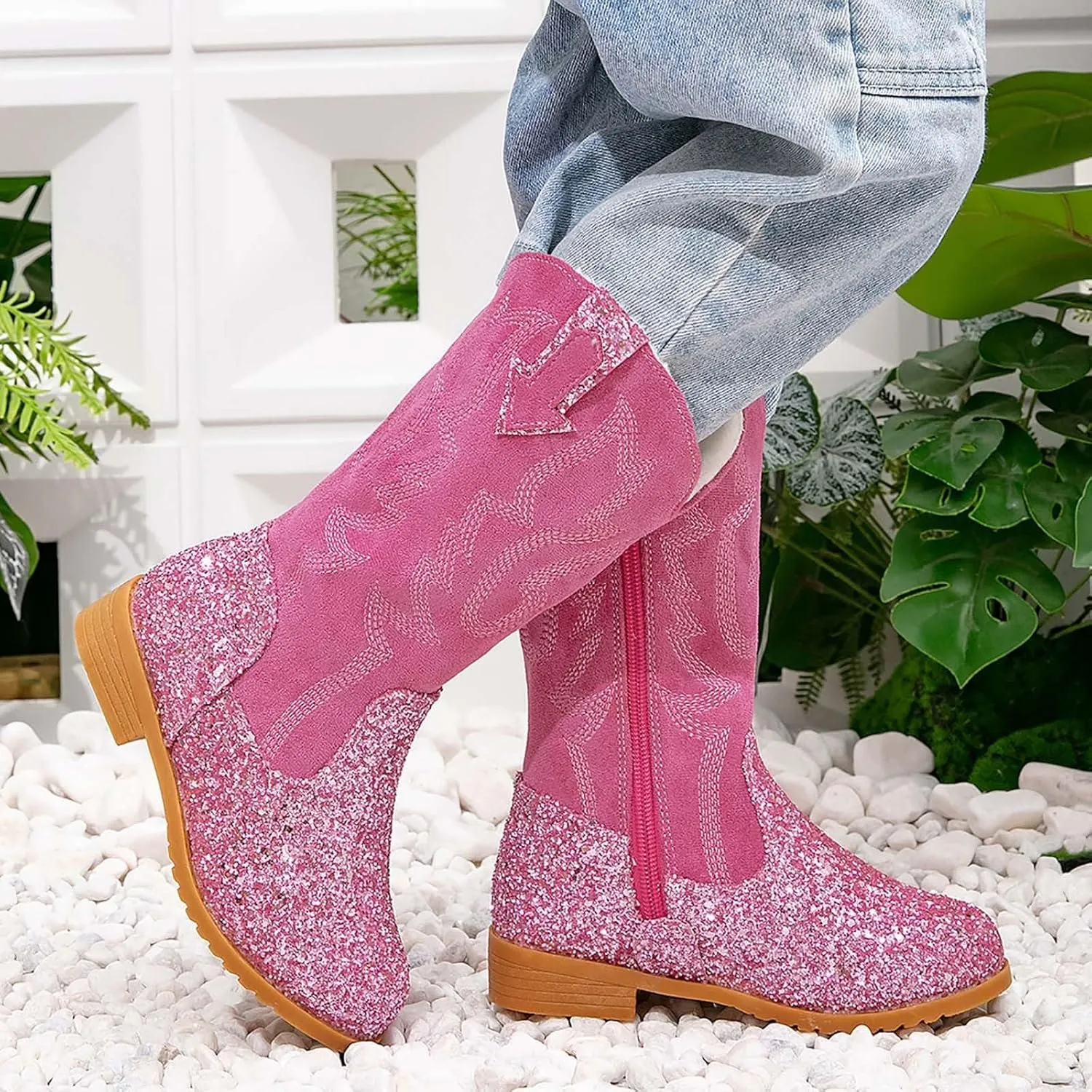 Girls Winter Boots Toddler Kids Glitter Cowgirl Boot Sparkling Fleece Lined Outdoor Cowboy Boots Western Riding Shoes