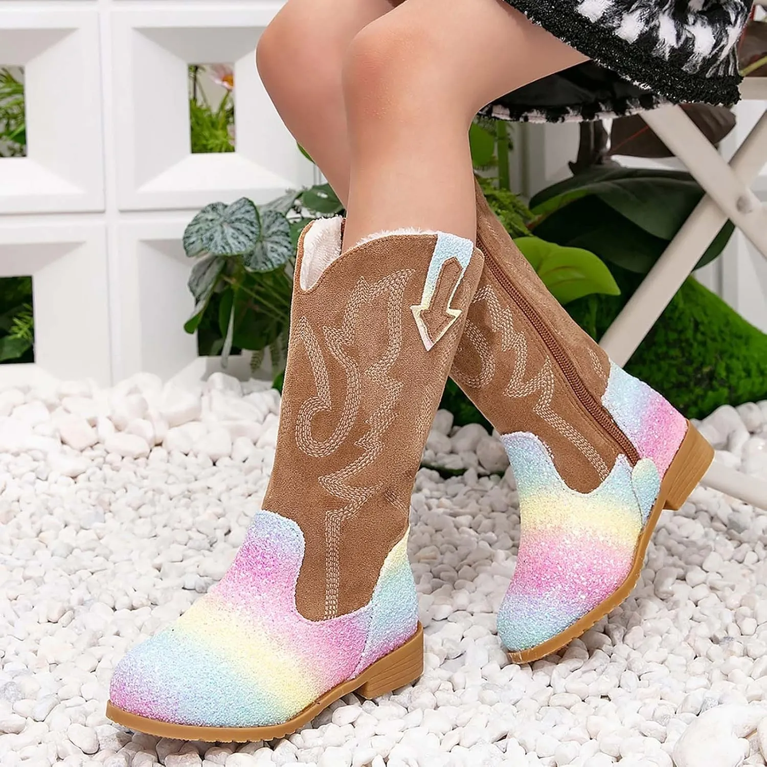 Girls Winter Boots Toddler Kids Glitter Cowgirl Boot Sparkling Fleece Lined Outdoor Cowboy Boots Western Riding Shoes