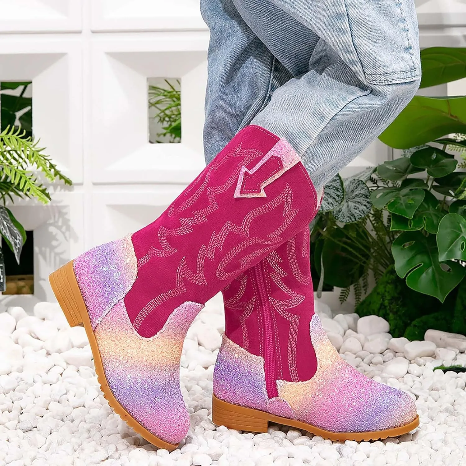 Girls Winter Boots Toddler Kids Glitter Cowgirl Boot Sparkling Fleece Lined Outdoor Cowboy Boots Western Riding Shoes