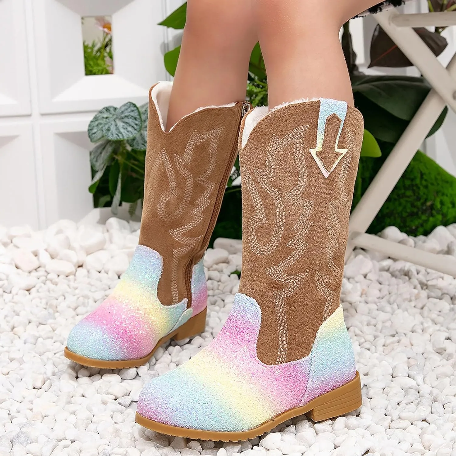 Girls Winter Boots Toddler Kids Glitter Cowgirl Boot Sparkling Fleece Lined Outdoor Cowboy Boots Western Riding Shoes